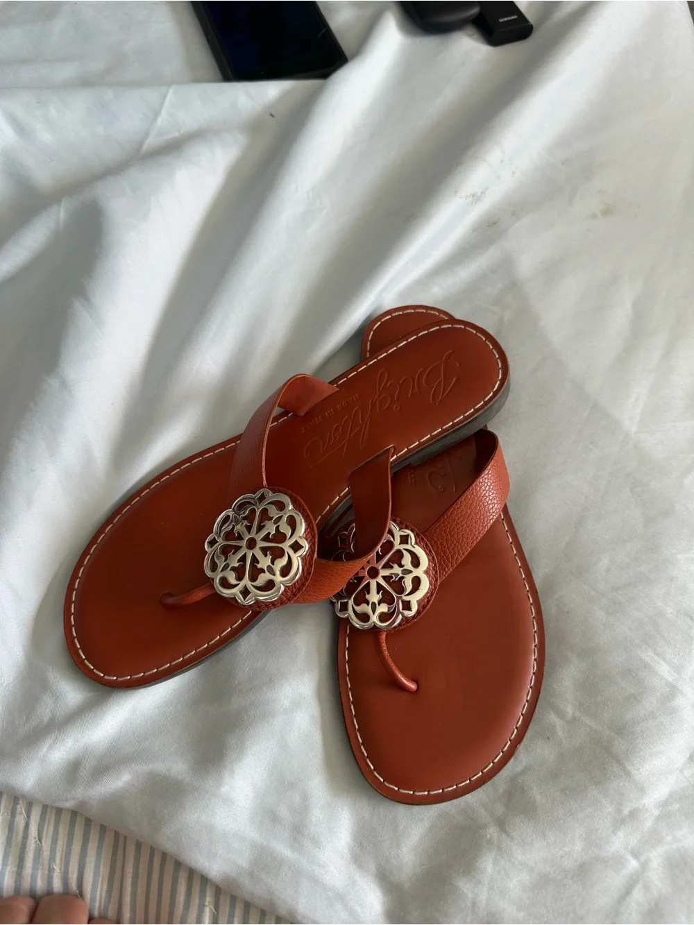 Brighton Orange Leather Thong Sandals with Decorative Medallions